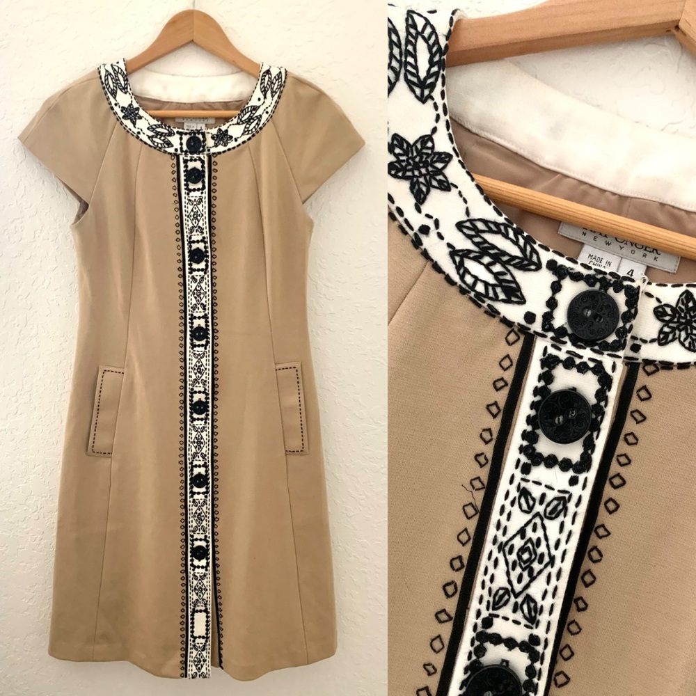 🎉HP🎉Kay Unger Tan Black Embroidered Tabitha Dress